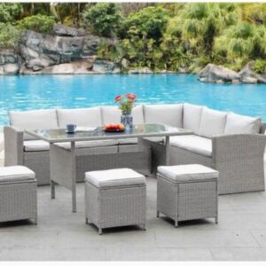 SOLEDAD - Salon de jardin canapé d'angle en résine tressée 8 personnes - Gris Design Moderne