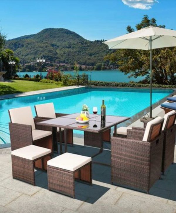 BAMNY Ensemble de table à manger en rotin 9 pièces ensemble de meubles d'extérieur ensemble de table à manger chaise en rotin ensemble de table de jardin pour cour patio Design Moderne