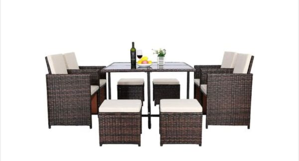 BAMNY Ensemble de table à manger en rotin 9 pièces ensemble de meubles d'extérieur ensemble de table à manger chaise en rotin ensemble de table de jardin pour cour patio Design Moderne