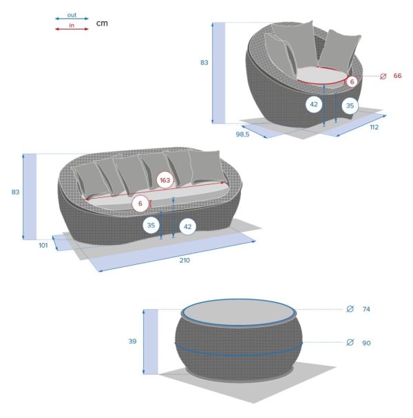 Salon de jardin Bétong Bûche 5 places - Aluminium traité époxy, Résine tressée, Polyester